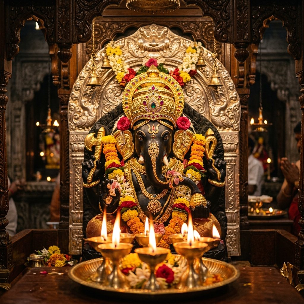 Inner Sanctum with lit golden deepams and Bappa's divine presence